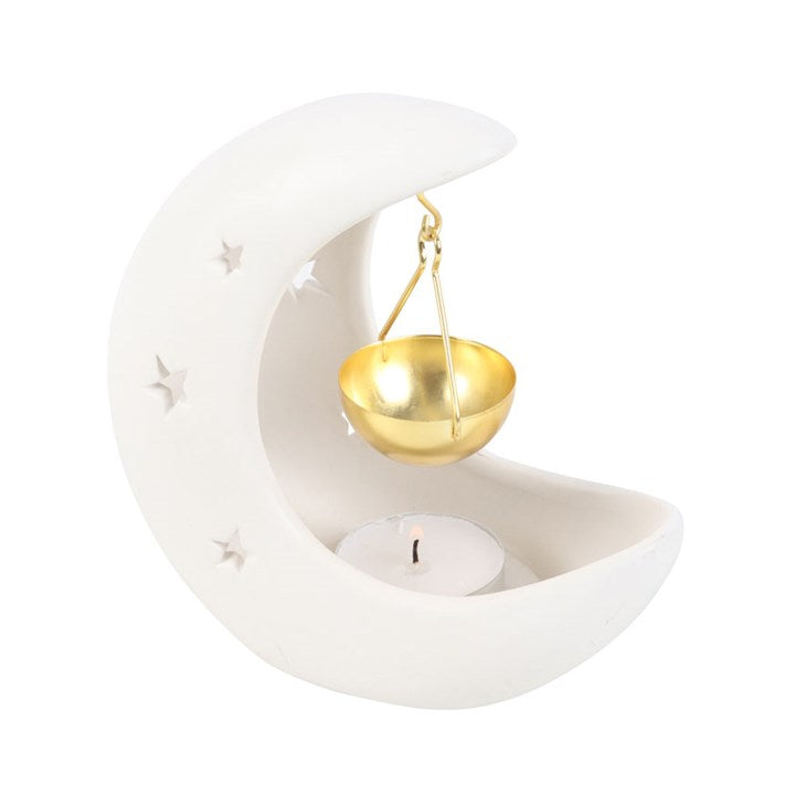 White Crescent Moon Oil Burner with Gold Dish